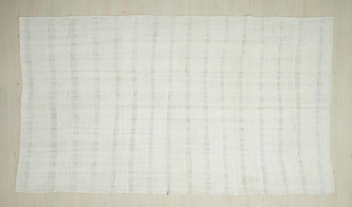 Scandinavian Home Style Handwoven Hemp Kilim Rug: Vintage Gray Stripe White Rugs 7x11,6 Feet.