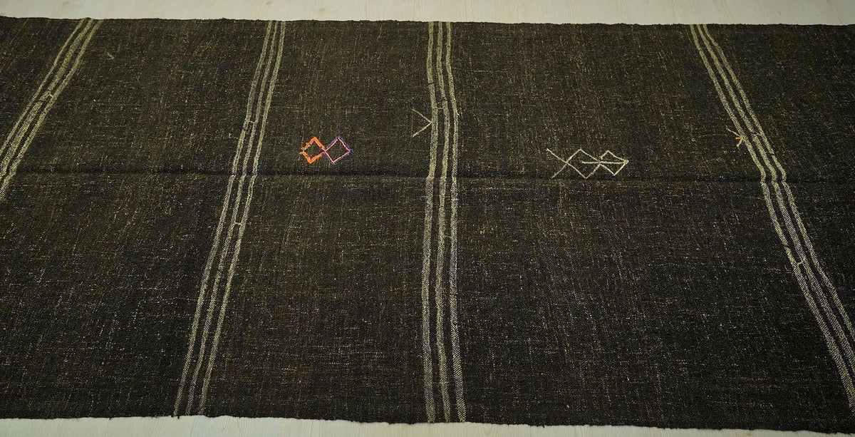 Handmade Goat Hair Kilim Rug: Dark Brown & Cream Striped Long Rugs, 4.7x11.7 ft.