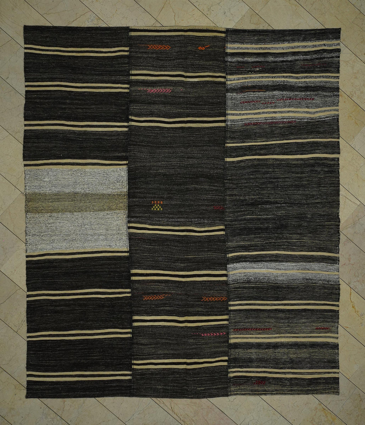 1960s Turkish Kilim Rug: 9x10 Broken Stripe, Anatolian Goat Hair Rugs