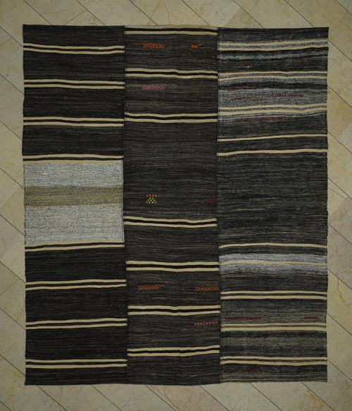 1960s Turkish Kilim Rug: 9x10 Broken Stripe, Anatolian Goat Hair Rugs
