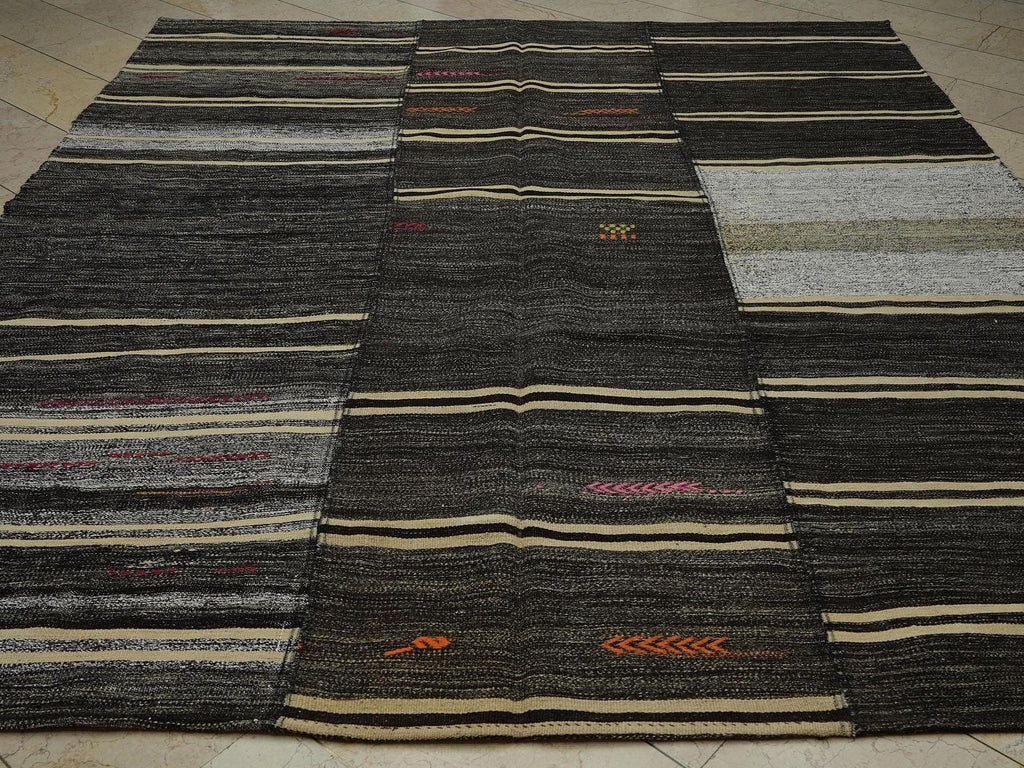 1960s Turkish Kilim Rug: 9x10 Broken Stripe, Anatolian Goat Hair Rugs