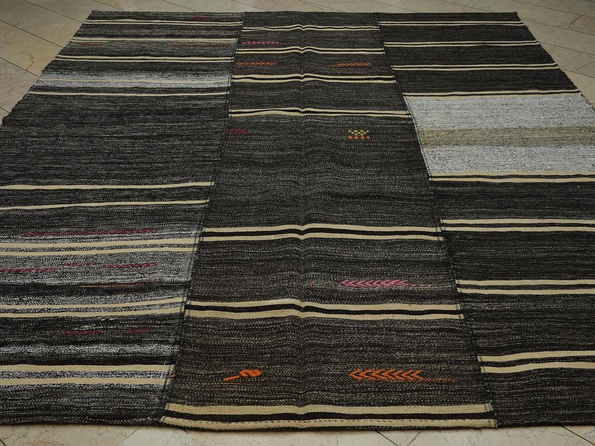 1960s Turkish Kilim Rug: 9x10 Broken Stripe, Anatolian Goat Hair Rugs