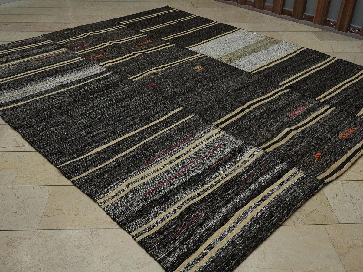 1960s Turkish Kilim Rug: 9x10 Broken Stripe, Anatolian Goat Hair Rugs