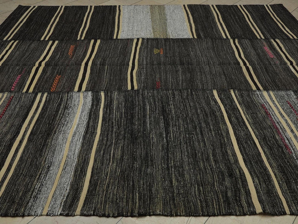 1960s Turkish Kilim Rug: 9x10 Broken Stripe, Anatolian Goat Hair Rugs