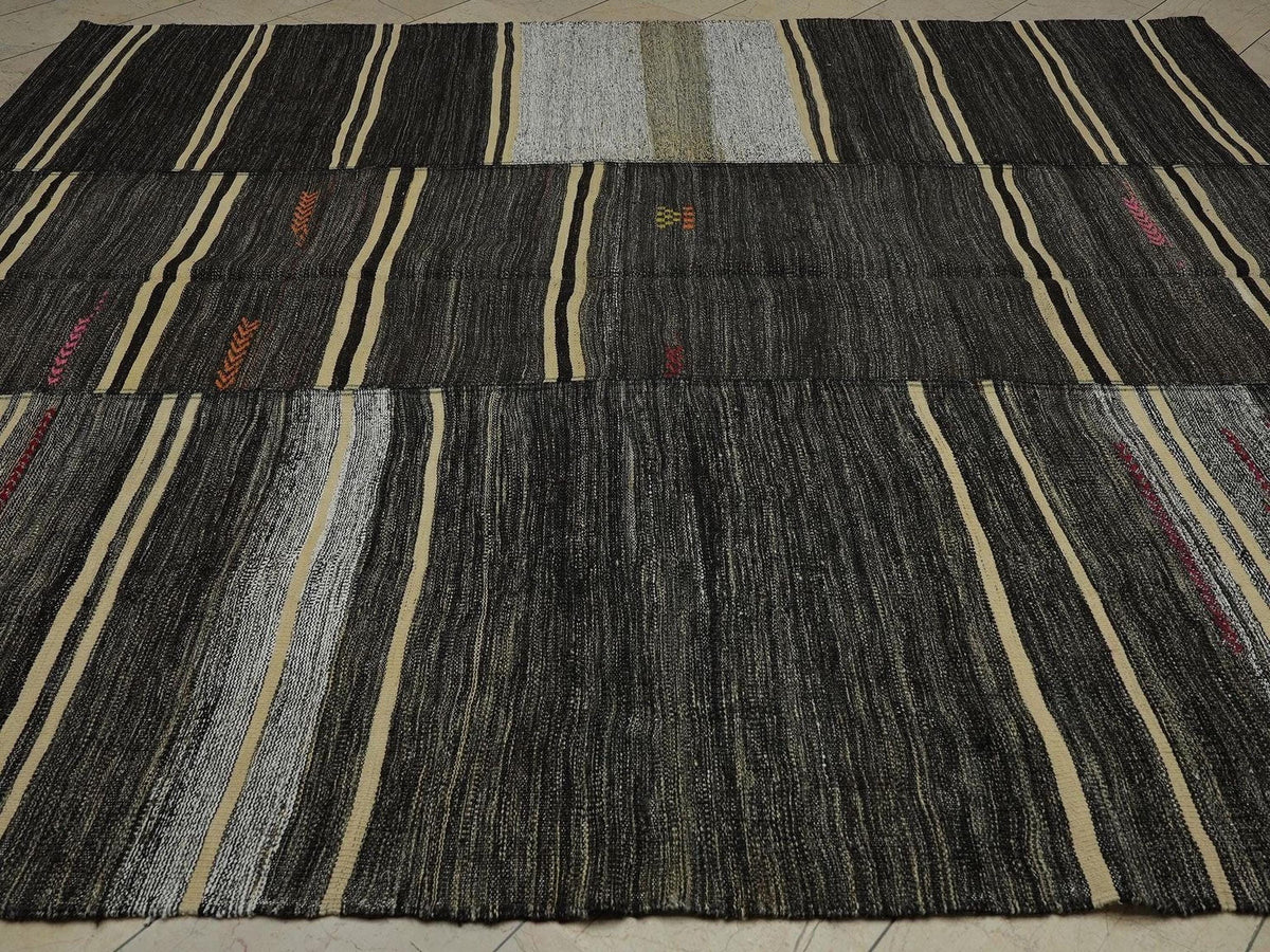 1960s Turkish Kilim Rug: 9x10 Broken Stripe, Anatolian Goat Hair Rugs
