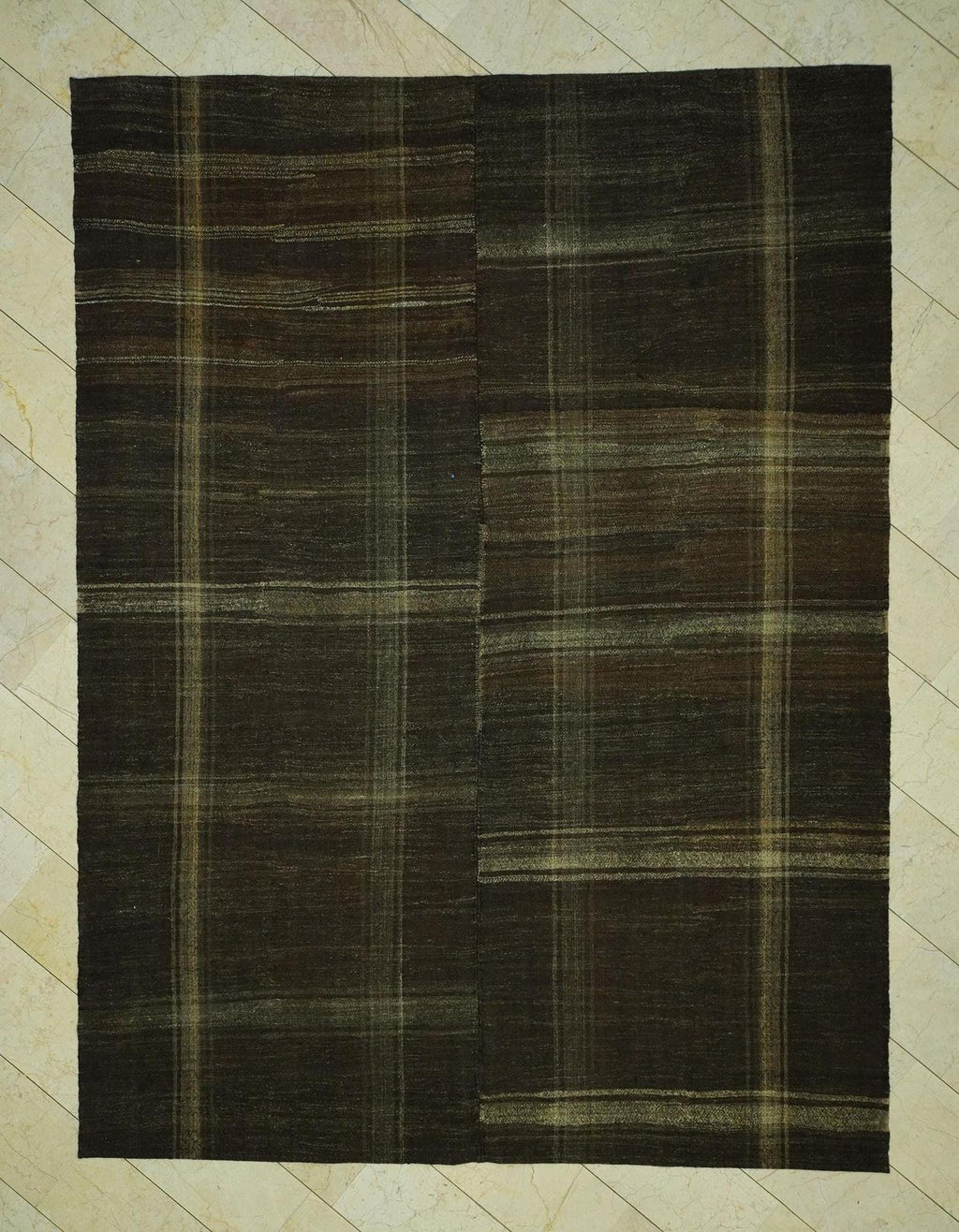 Mid-Century Modern Kilim Rug: 8.2x11 Goat Hair, Stripe Design Rugs.
