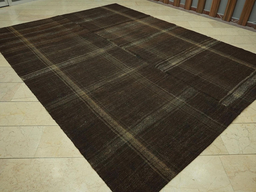 Mid-Century Modern Kilim Rug: 8.2x11 Goat Hair, Stripe Design Rugs.