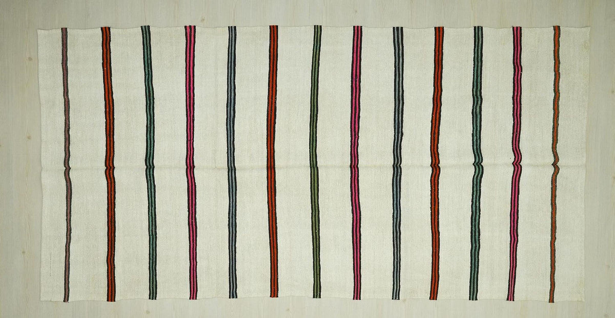 Multi Colors Stripe Handwoven Hemp Kilim Rug: 6x12 Minimalist Home Style Decor Organic Rugs.