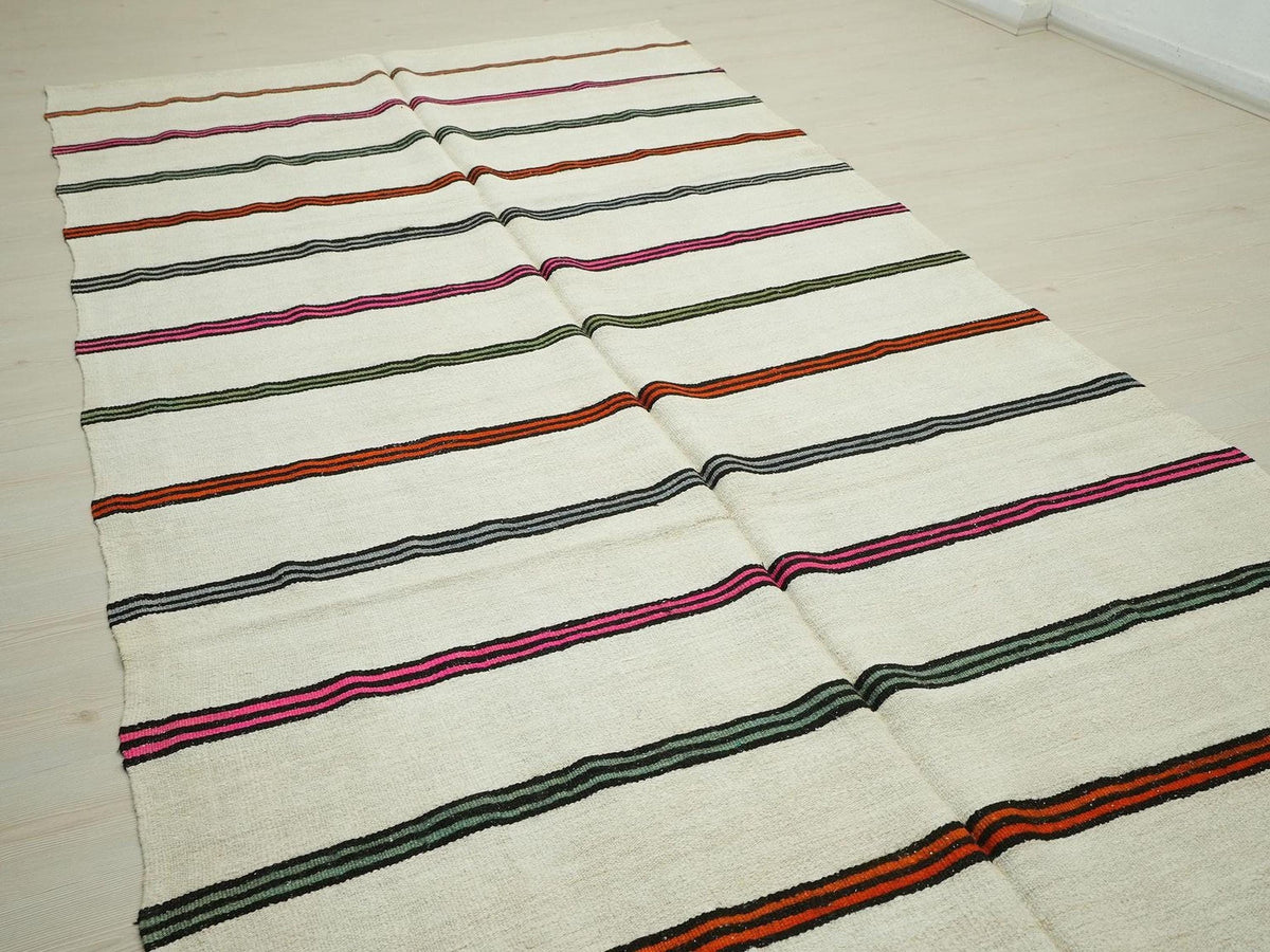 Multi Colors Stripe Handwoven Hemp Kilim Rug: 6x12 Minimalist Home Style Decor Organic Rugs.