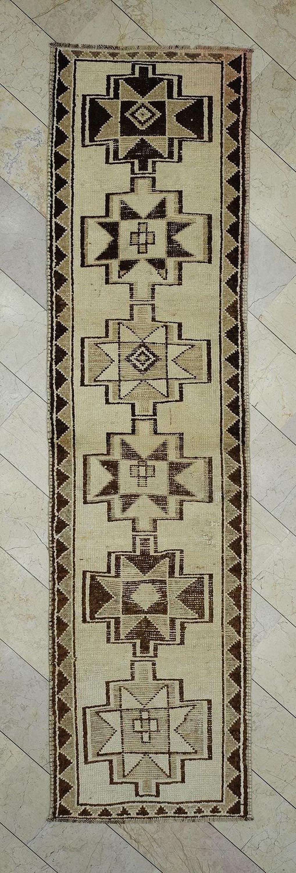 Vintage Turkish Wool Rug Runner: Handmade Bohemian Decor Long Rugs, 2.9"x11.3" Feet.