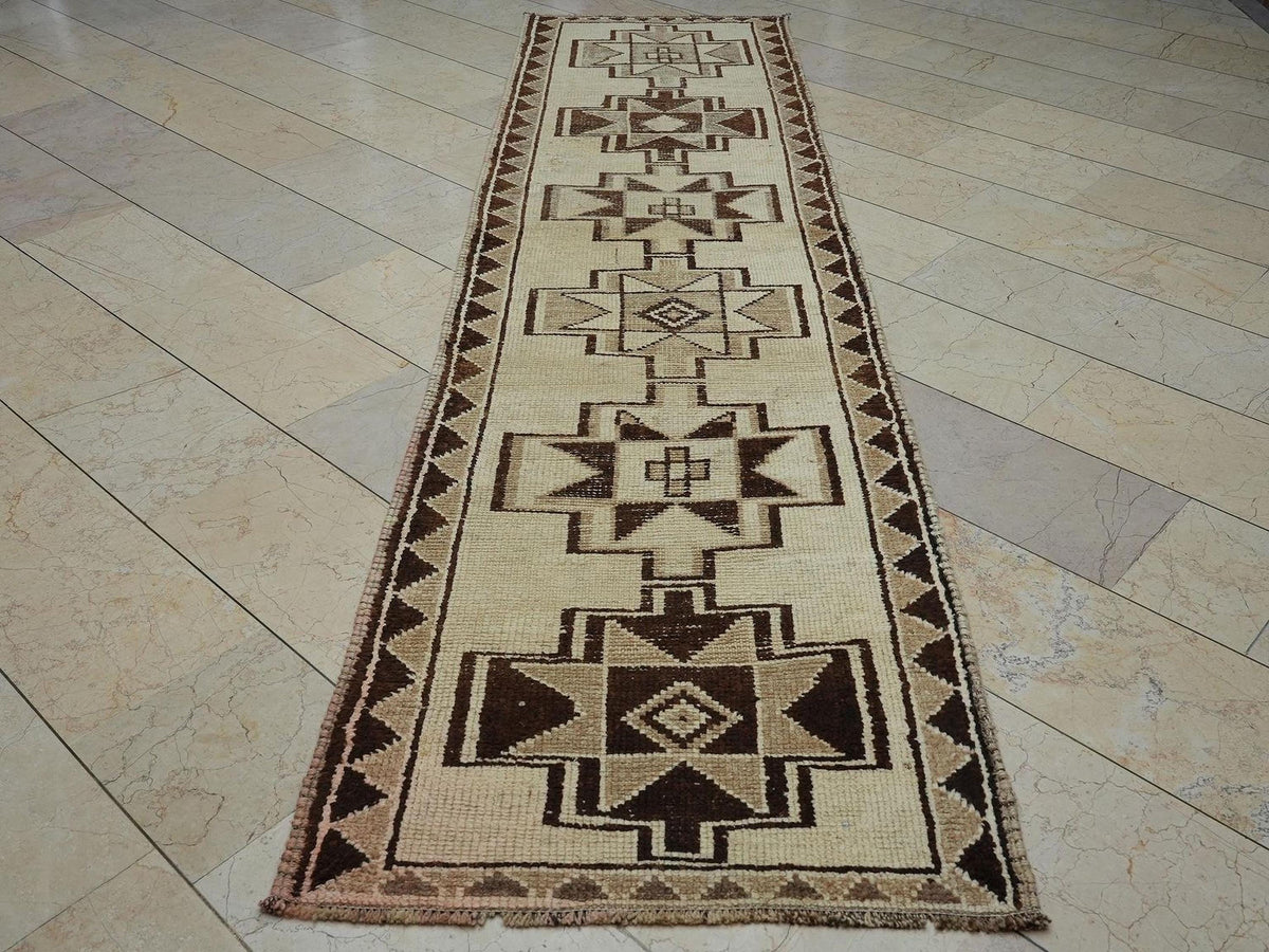 Vintage Turkish Wool Rug Runner: Handmade Bohemian Decor Long Rugs, 2.9"x11.3" Feet.