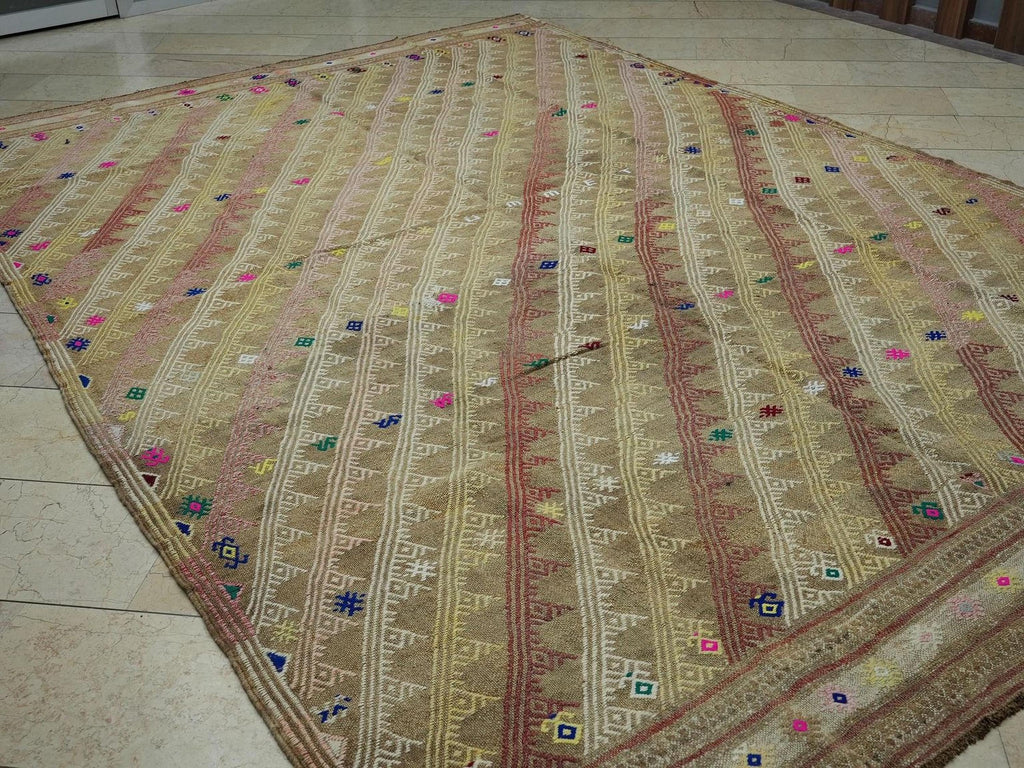 Oversized Coffee Brown Kilim Rug: Embroidered Turkish Tribal Flat-weave Rugs, 8.4"x11.9" Feet.