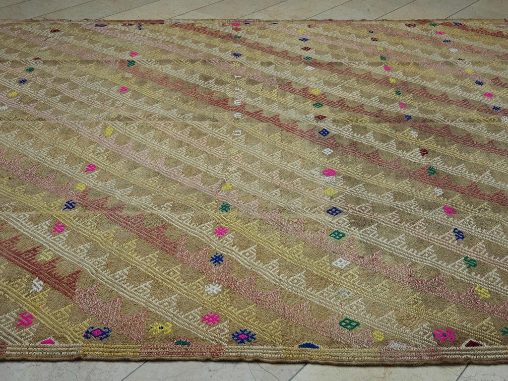 Oversized Coffee Brown Kilim Rug: Embroidered Turkish Tribal Flat-weave Rugs, 8.4"x11.9" Feet.