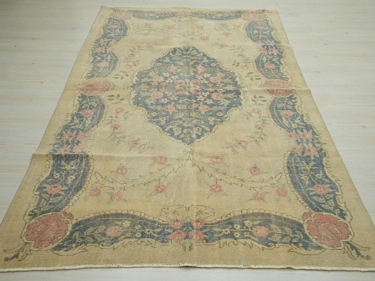 Small Vintage Turkish Oushak Rug: Handmade Wool Carpet Rugs, 4.6"x8.2" Feet.