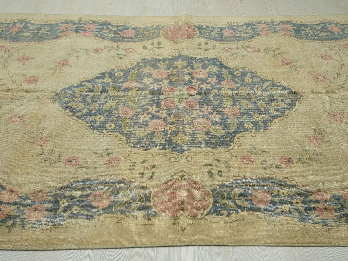 Small Vintage Turkish Oushak Rug: Handmade Wool Carpet Rugs, 4.6"x8.2" Feet.