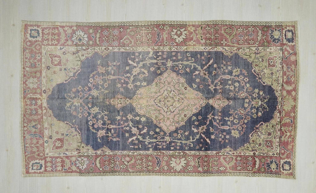 Navy Blue Vintage Turkish Oushak Rug: 5.2x9.3 Feet,Wool One Of A Kind Area Rugs.