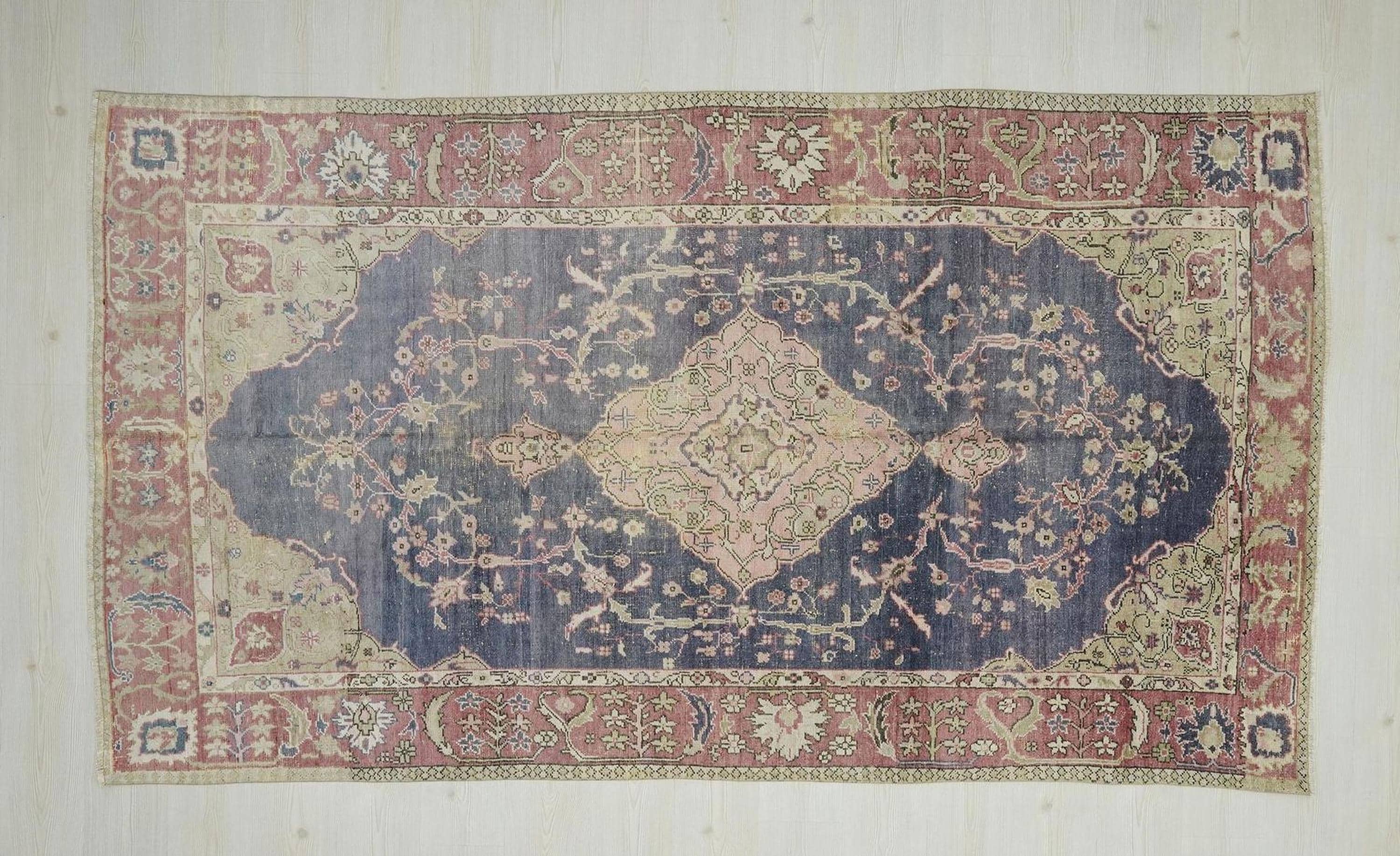 Navy Blue Vintage Turkish Oushak Rug: 5.2x9.3 Feet,Wool One Of A Kind Area Rugs.
