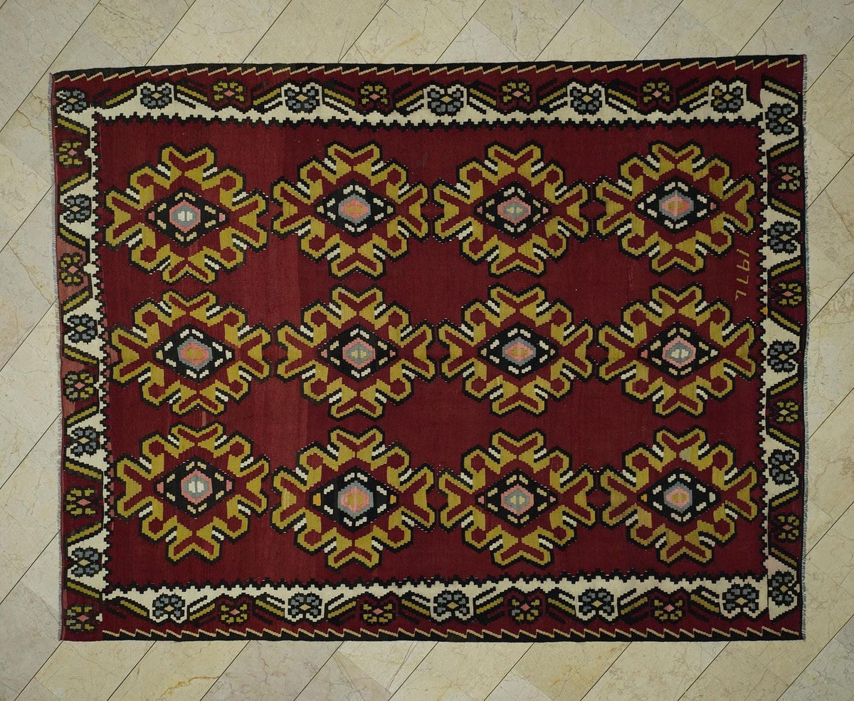 Red Turkish Kilim Rug: 8x10 Flat Weave Wool Farmhouse Decor Area Rugs.