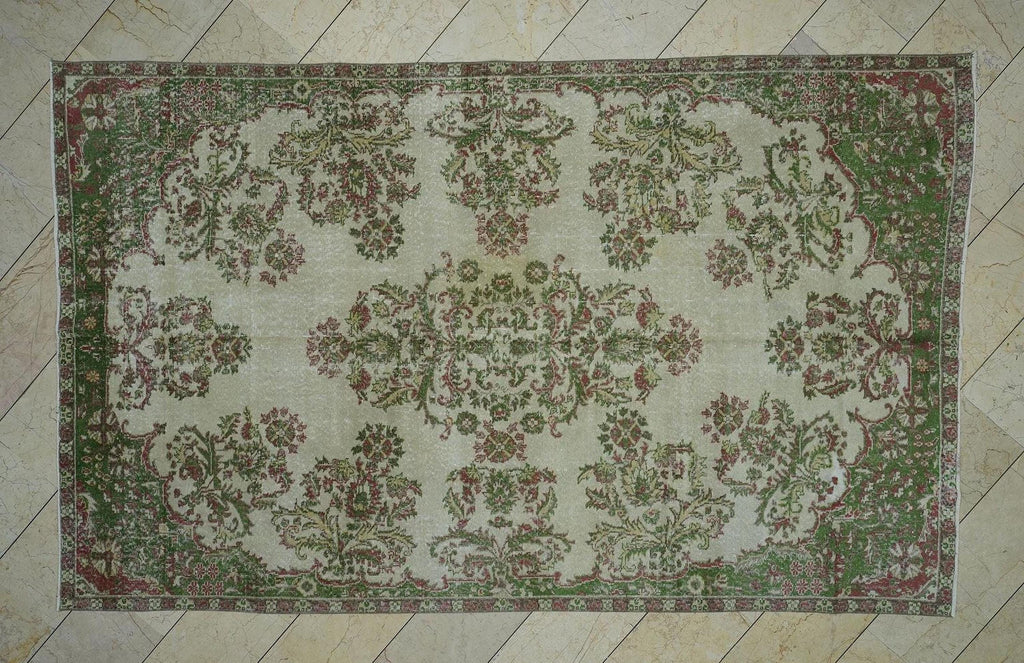 Vintage Floral Oushak Carpet Rug: 6.3x10.2 Feet, Green & Beige Large Turkish Area Rugs