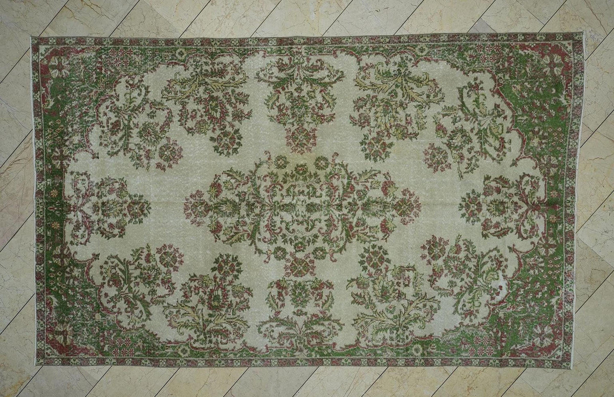 Vintage Floral Oushak Carpet Rug: 6.3x10.2 Feet, Green & Beige Large Turkish Area Rugs
