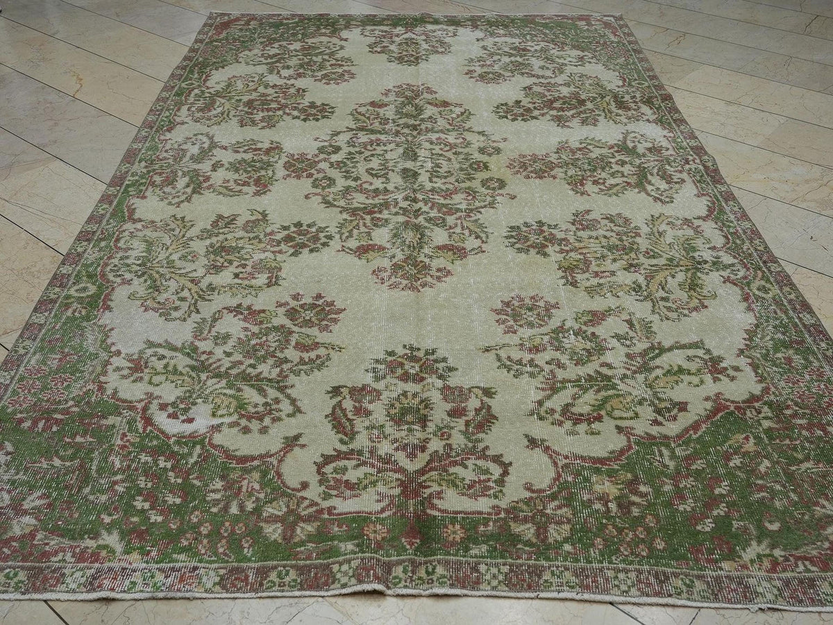 Vintage Floral Oushak Carpet Rug: 6.3x10.2 Feet, Green & Beige Large Turkish Area Rugs