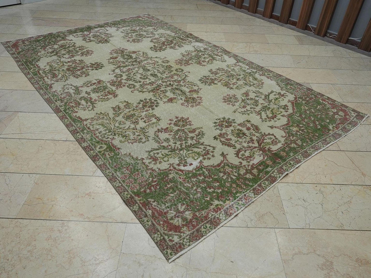 Vintage Floral Oushak Carpet Rug: 6.3x10.2 Feet, Green & Beige Large Turkish Area Rugs
