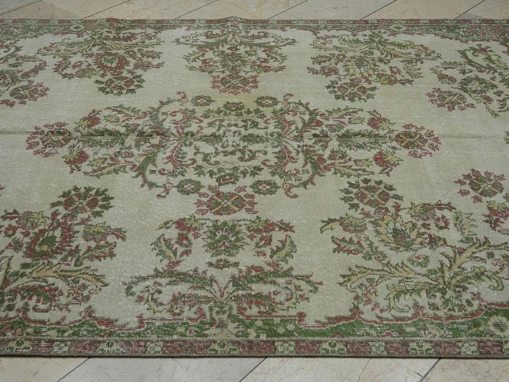 Vintage Floral Oushak Carpet Rug: 6.3x10.2 Feet, Green & Beige Large Turkish Area Rugs