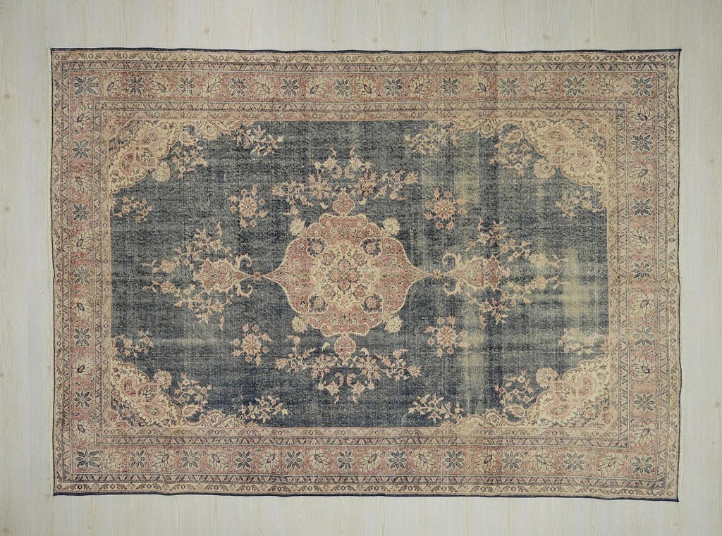 7x10 Navy Blue Vintage Turkish Oushak Rug: Large Size One Of A Kind Area Rugs.