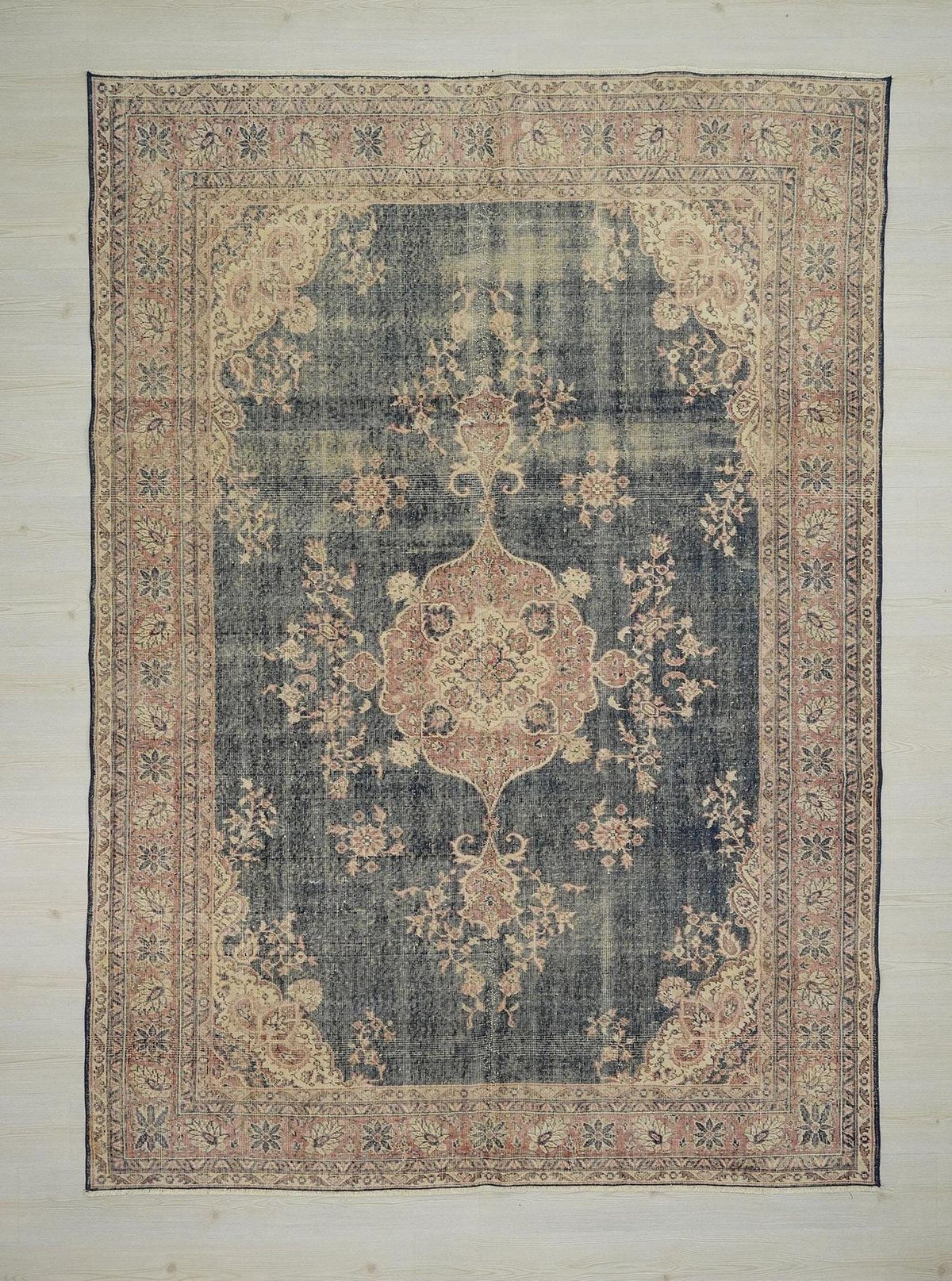 7x10 Navy Blue Vintage Turkish Oushak Rug: Large Size One Of A Kind Area Rugs.