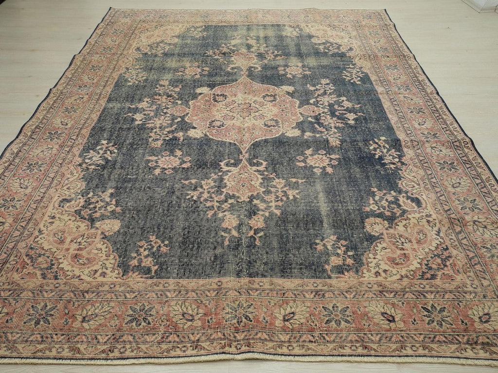 7x10 Navy Blue Vintage Turkish Oushak Rug: Large Size One Of A Kind Area Rugs.