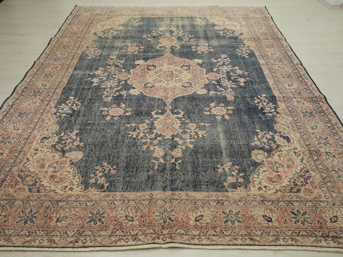 7x10 Navy Blue Vintage Turkish Oushak Rug: Large Size One Of A Kind Area Rugs.