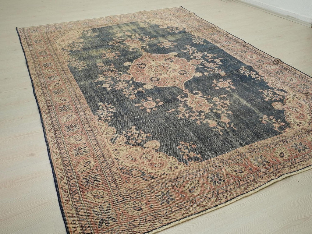 7x10 Navy Blue Vintage Turkish Oushak Rug: Large Size One Of A Kind Area Rugs.