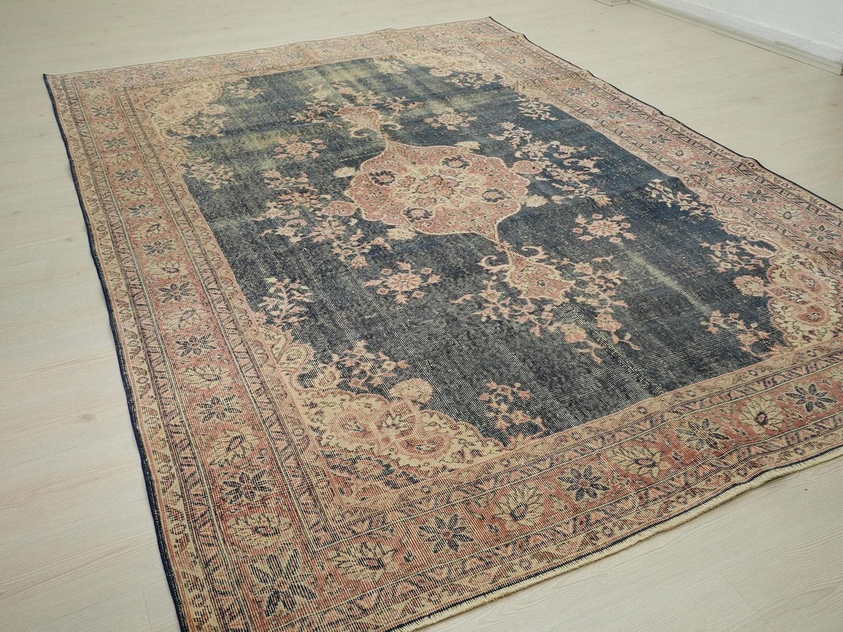 7x10 Navy Blue Vintage Turkish Oushak Rug: Large Size One Of A Kind Area Rugs.