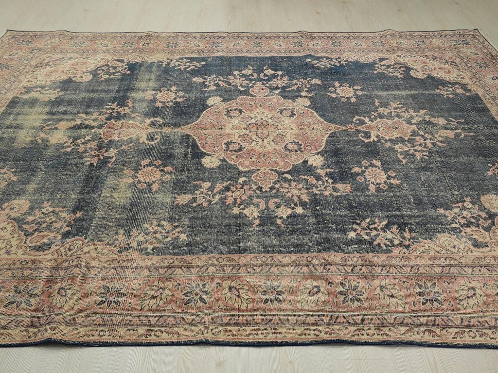 7x10 Navy Blue Vintage Turkish Oushak Rug: Large Size One Of A Kind Area Rugs.
