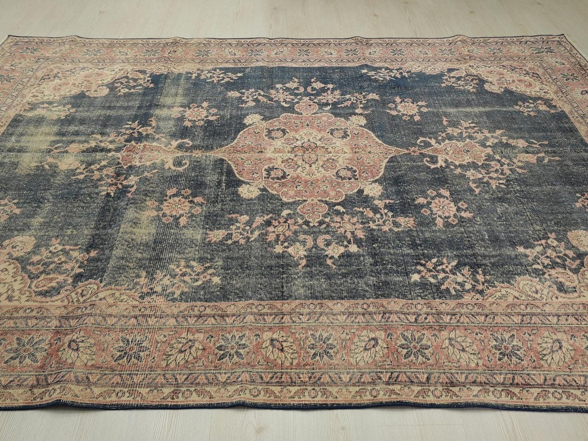 7x10 Navy Blue Vintage Turkish Oushak Rug: Large Size One Of A Kind Area Rugs.