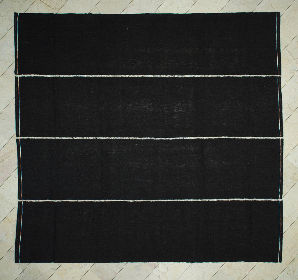 Dark Brown Goat Hair Kilim Rug: 10x11 Square, Turkish Nomadic Flat Woven Tent Rugs.