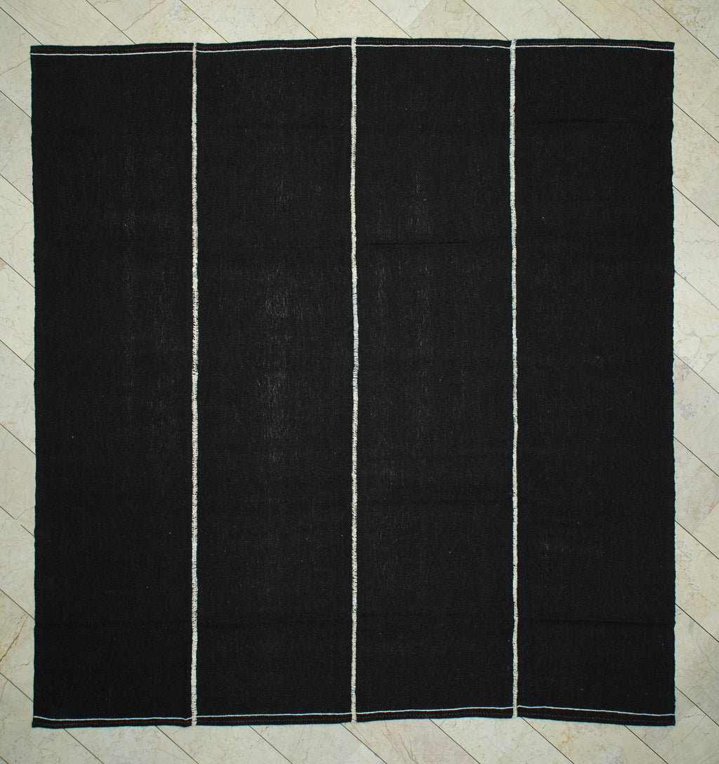 Dark Brown Goat Hair Kilim Rug: 10x11 Square, Turkish Nomadic Flat Woven Tent Rugs.