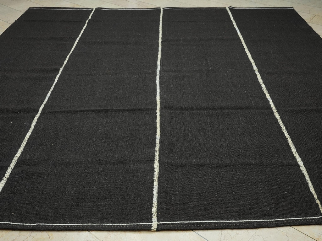 Dark Brown Goat Hair Kilim Rug: 10x11 Square, Turkish Nomadic Flat Woven Tent Rugs.