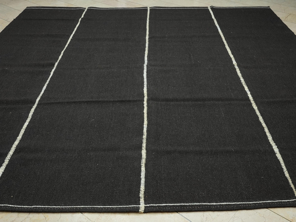 Dark Brown Goat Hair Kilim Rug: 10x11 Square, Turkish Nomadic Flat Woven Tent Rugs.