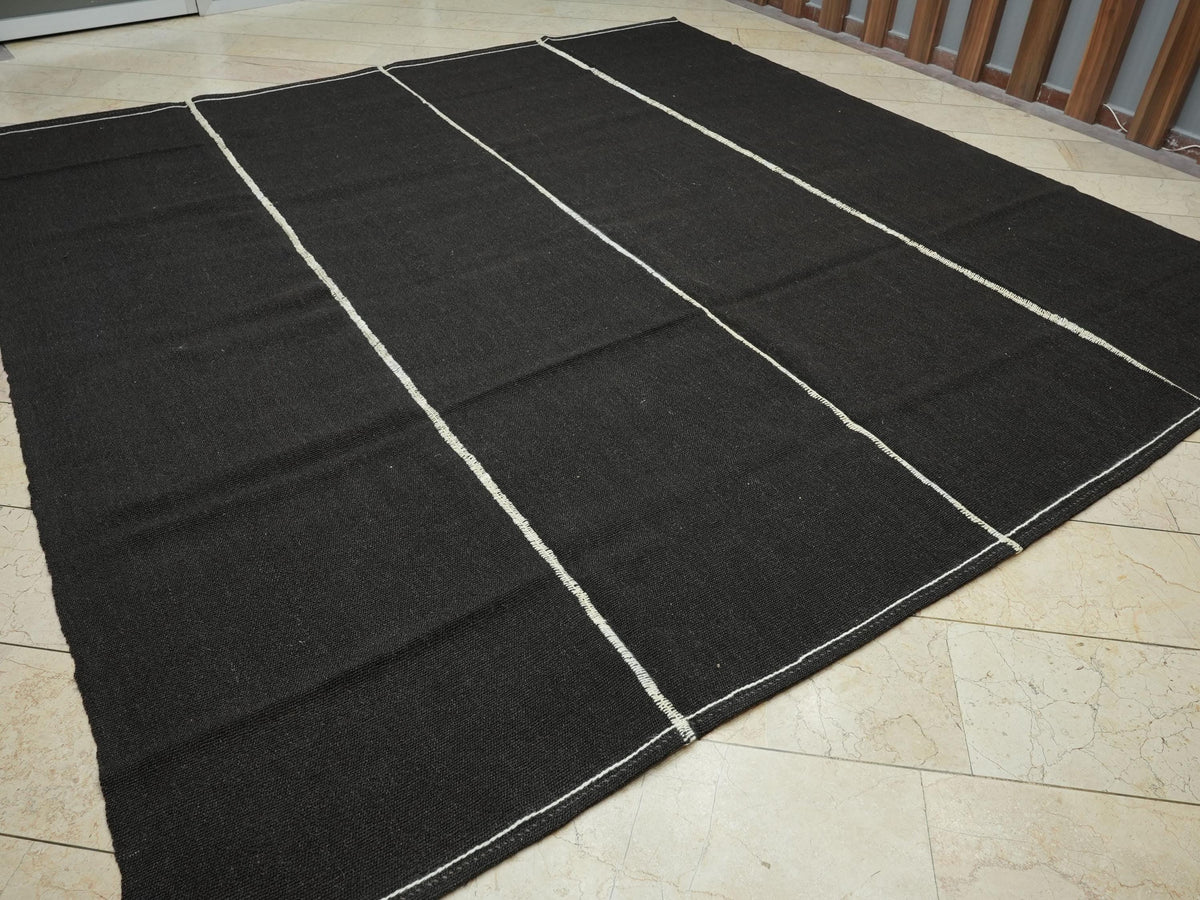 Dark Brown Goat Hair Kilim Rug: 10x11 Square, Turkish Nomadic Flat Woven Tent Rugs.