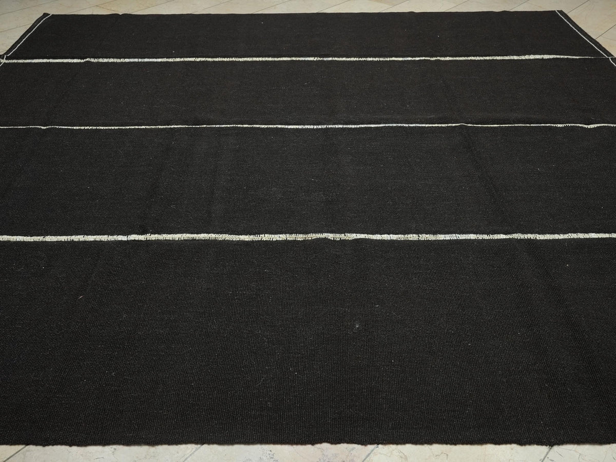 Dark Brown Goat Hair Kilim Rug: 10x11 Square, Turkish Nomadic Flat Woven Tent Rugs.