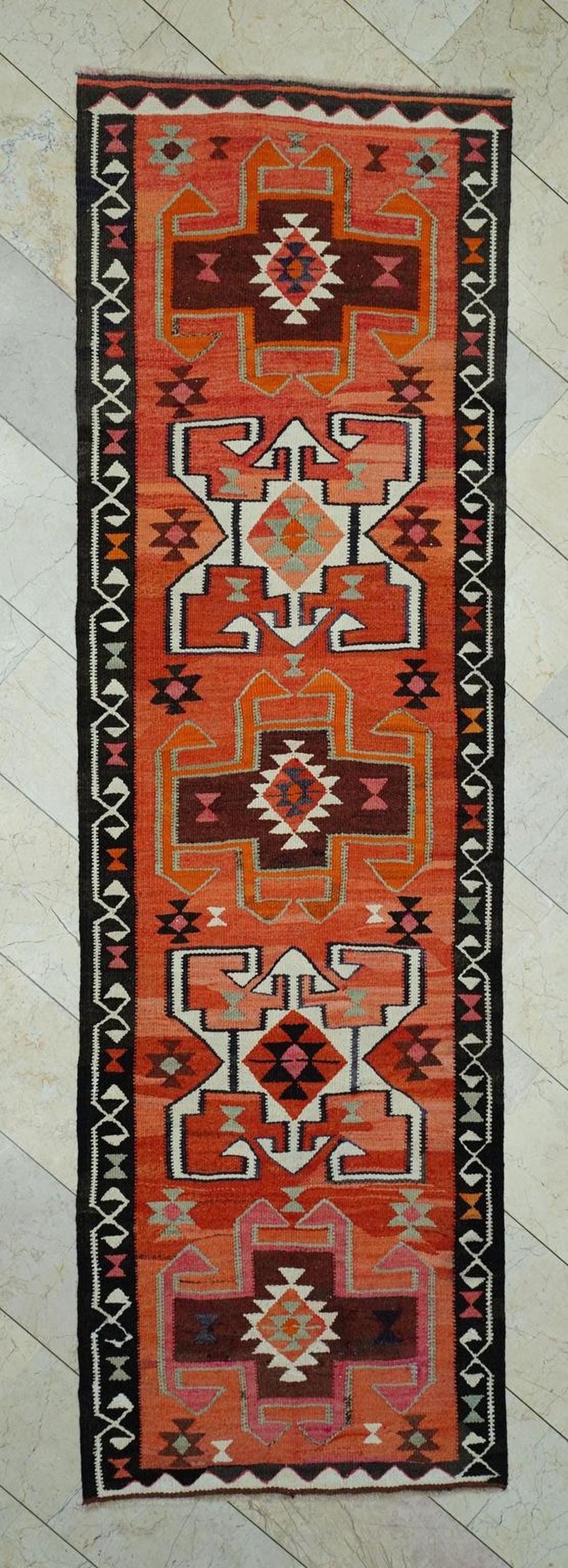 Colorful Turkish Dowry Kilim Rug Runner: 3.2x10.6 Feet,Soft Wool Flat Woven Rugs