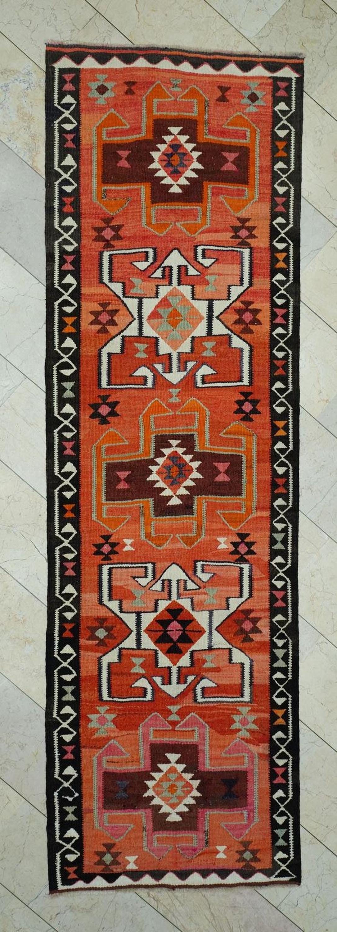 Colorful Turkish Dowry Kilim Rug Runner: 3.2x10.6 Feet,Soft Wool Flat Woven Rugs