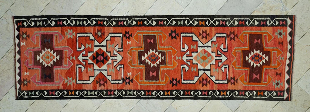 Colorful Turkish Dowry Kilim Rug Runner: 3.2x10.6 Feet,Soft Wool Flat Woven Rugs