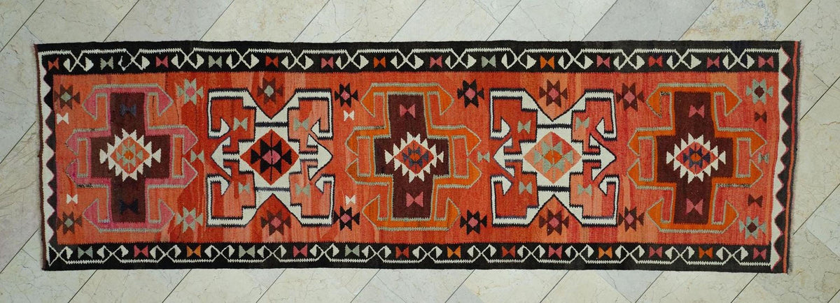 Colorful Turkish Dowry Kilim Rug Runner: 3.2x10.6 Feet,Soft Wool Flat Woven Rugs