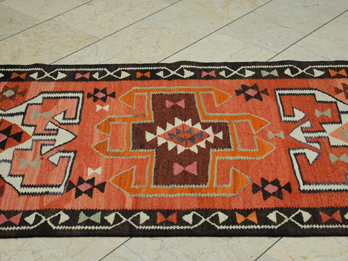 Colorful Turkish Dowry Kilim Rug Runner: 3.2x10.6 Feet,Soft Wool Flat Woven Rugs