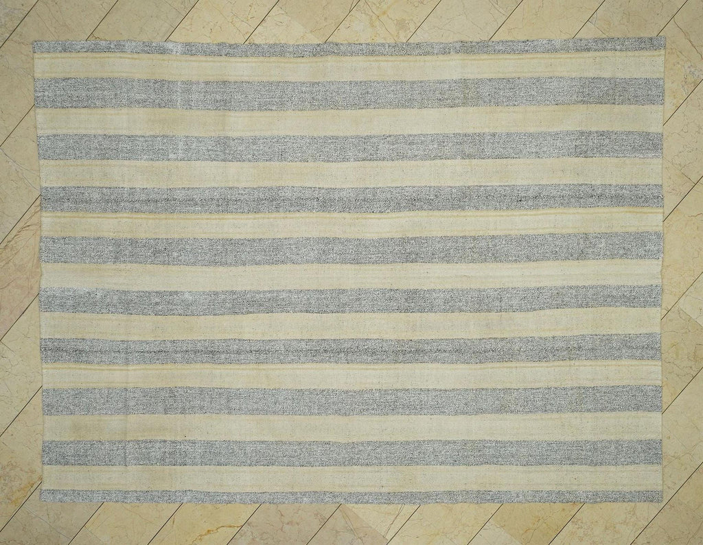 7.5x10 Large Natural Gray Striped Kilim Rug: Summer Outdoor Decor Flat Weave Turkish Rugs
