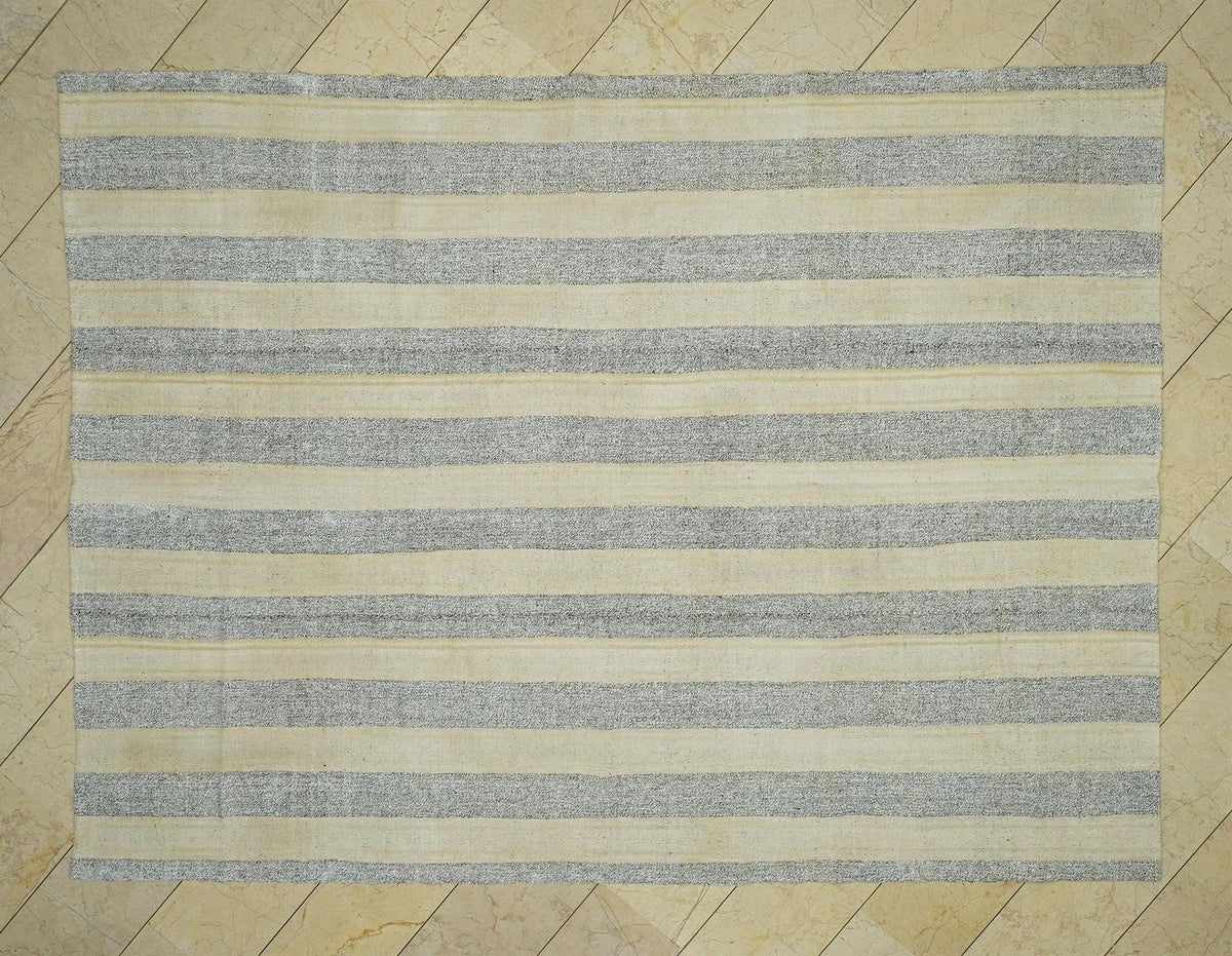 7.5x10 Large Natural Gray Striped Kilim Rug: Summer Outdoor Decor Flat Weave Turkish Rugs