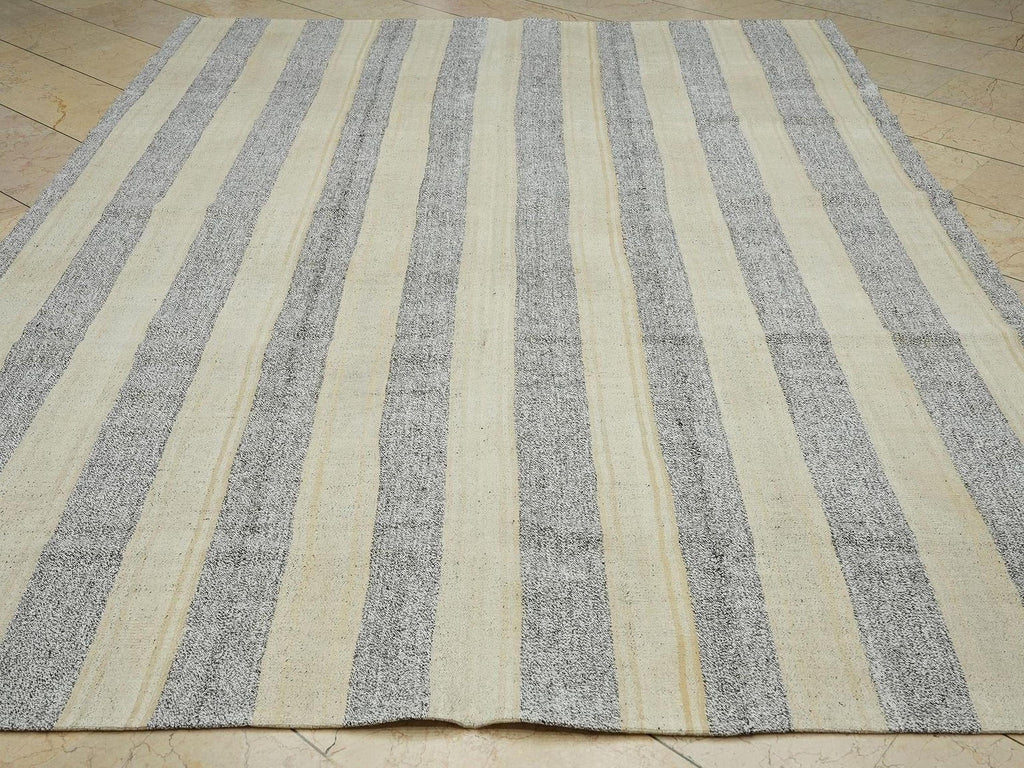 7.5x10 Large Natural Gray Striped Kilim Rug: Summer Outdoor Decor Flat Weave Turkish Rugs