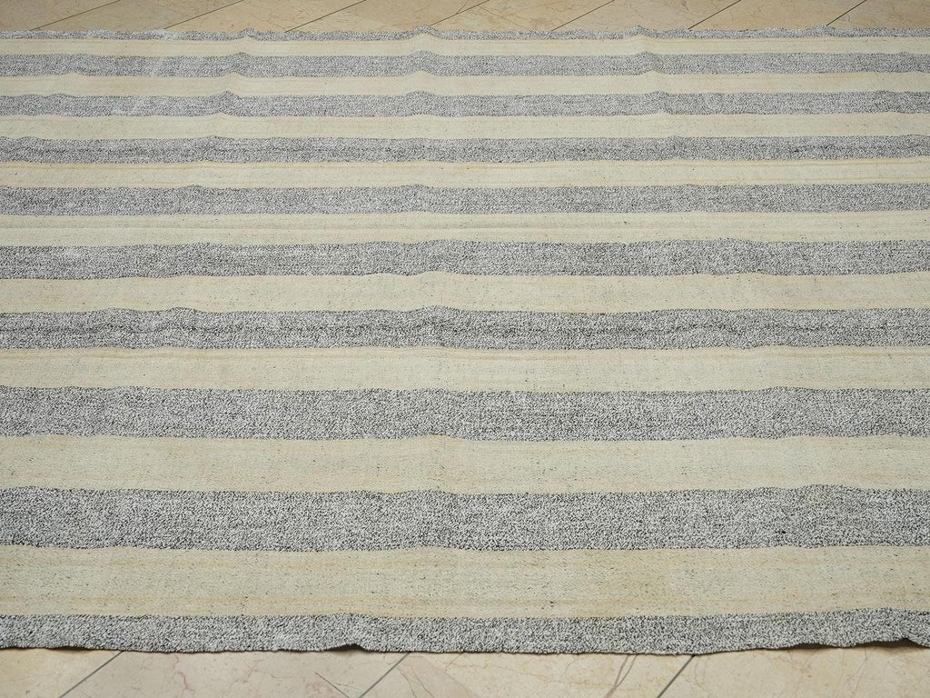 7.5x10 Large Natural Gray Striped Kilim Rug: Summer Outdoor Decor Flat Weave Turkish Rugs